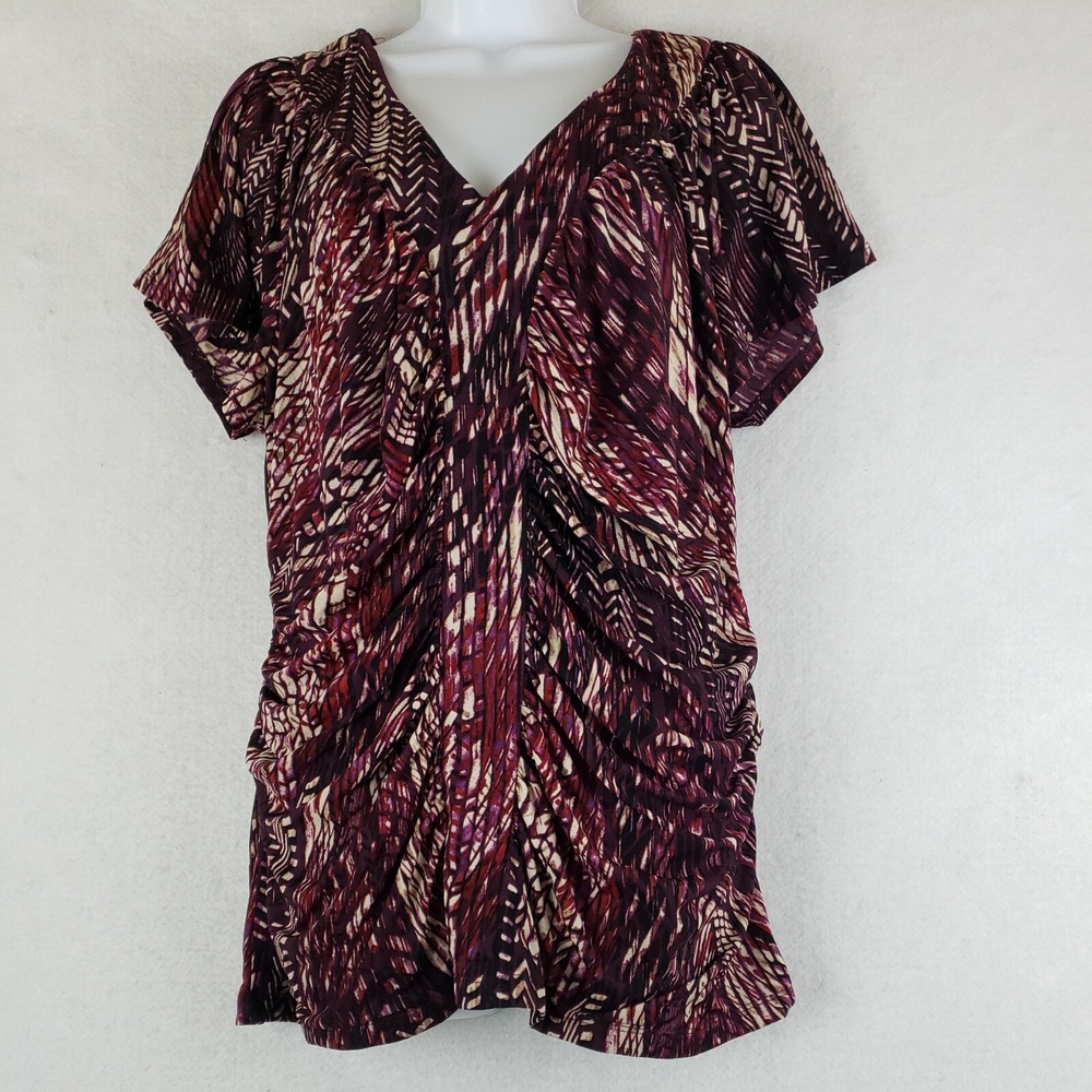 Worthington Woman Women 1X Blouse Brown Geometric Stretch Ruched V-Neck Top